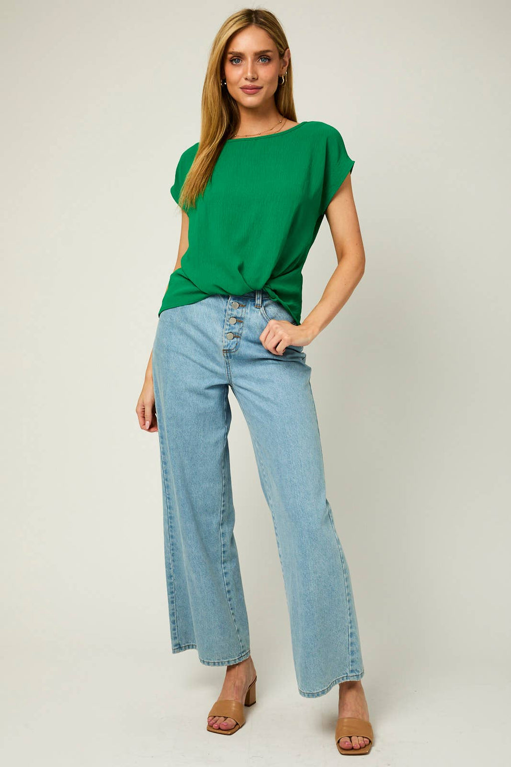 SOLID WOVEN TEE WITH FRONT KNOT DETAIL