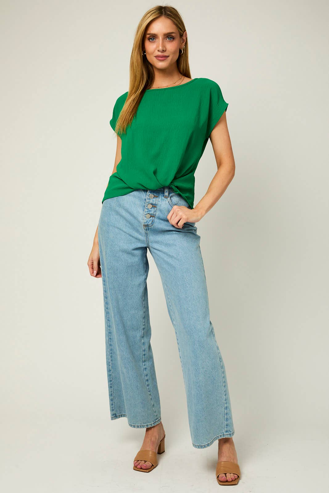 SOLID WOVEN TEE WITH FRONT KNOT DETAIL